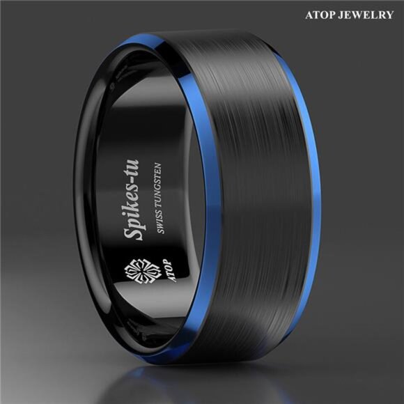 Men's Wedding Band - Black Brushed with Blue Edge - Rings for Men and Women - Picture 4 of 6
